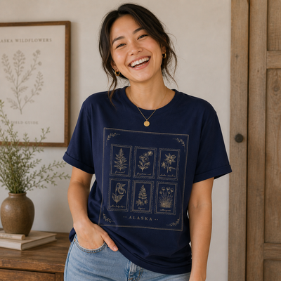 Botanical Tarot Tee, Minimal Floral Card Illustration T-Shirt, product photo, Alaska-inspired and nature-inspired Alaska graphic tee by Evernorth Design