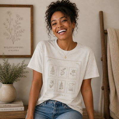 Botanical Tarot Tee, Minimal Floral Card Illustration T-Shirt, product photo, Alaska-inspired and nature-inspired Alaska graphic tee by Evernorth Design