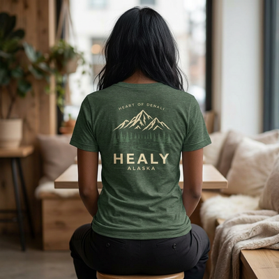 Soft jersey t-shirt with a detailed Healy Alaska mountain and spruce illustration in earthy tones by Evernorth — styled flat lay