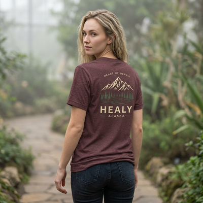 Soft jersey t-shirt with a detailed Healy Alaska mountain and spruce illustration in earthy tones by Evernorth — view 9