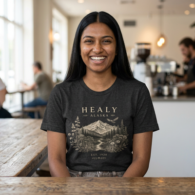 Wilderness t-shirt with an intricate Healy Alaska mountain landscape framed by wildflowers and evergreens by Evernorth — styled flat lay