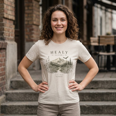 Wilderness t-shirt with an intricate Healy Alaska mountain landscape framed by wildflowers and evergreens by Evernorth — design detail