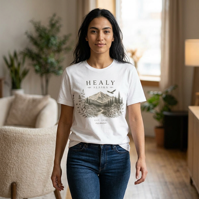 Wilderness t-shirt with an intricate Healy Alaska mountain landscape framed by wildflowers and evergreens by Evernorth — front view