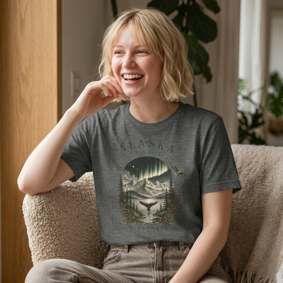 Graphic t-shirt with a vintage Alaska aurora scene of glowing peaks, a whale tail and soaring eagle by Evernorth — styled flat lay