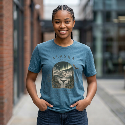Graphic t-shirt with a vintage Alaska aurora scene of glowing peaks, a whale tail and soaring eagle by Evernorth — design detail