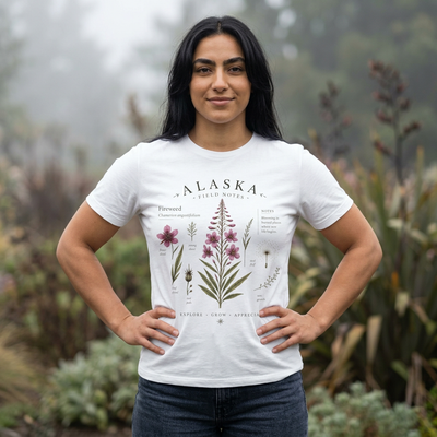 Botanical t-shirt with a delicate Alaska fireweed and wildflower illustration in muted pinks and greens by Evernorth — back view