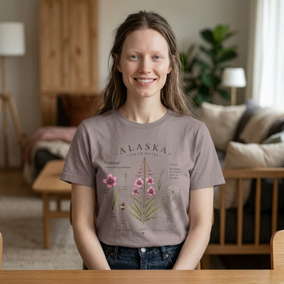 Botanical t-shirt with a delicate Alaska fireweed and wildflower illustration in muted pinks and greens by Evernorth — styled flat lay