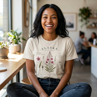 Botanical t-shirt with a delicate Alaska fireweed and wildflower illustration in muted pinks and greens by Evernorth — on model