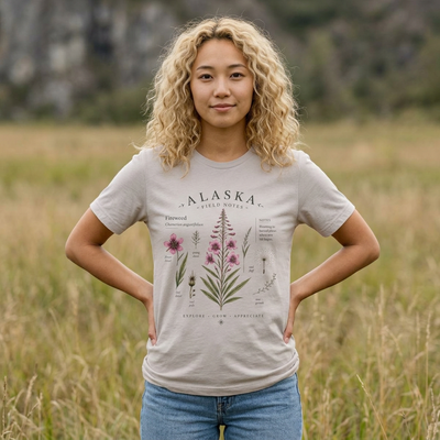 Botanical t-shirt with a delicate Alaska fireweed and wildflower illustration in muted pinks and greens by Evernorth — design detail