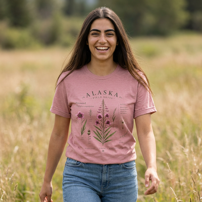 Botanical t-shirt with a delicate Alaska fireweed and wildflower illustration in muted pinks and greens by Evernorth — view 8