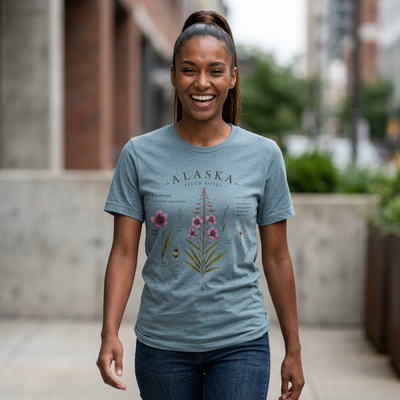 Botanical t-shirt with a delicate Alaska fireweed and wildflower illustration in muted pinks and greens by Evernorth — front view