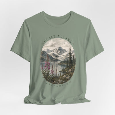 Soft nature t-shirt printed with an oval Alaska scene of snowy peaks, a still lake and fireweed by Evernorth — view 35