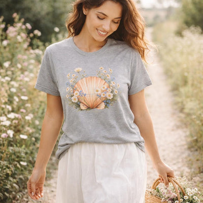 Seashell Bouquet Tee, Floral Shell Illustration, Beachy Pastel Art, main product photo, botanical graphic tee by Evernorth Design
