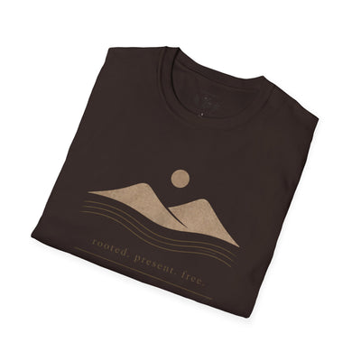 Minimalist Mountains T-Shirt, grounded. present. free. Nature Graphic Tee, product photo, nature-inspired graphic tee by Evernorth Design