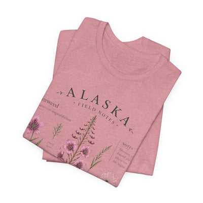 Botanical t-shirt with a delicate Alaska fireweed and wildflower illustration in muted pinks and greens by Evernorth — view 31