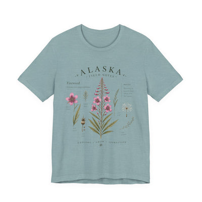 Botanical t-shirt with a delicate Alaska fireweed and wildflower illustration in muted pinks and greens by Evernorth — view 9