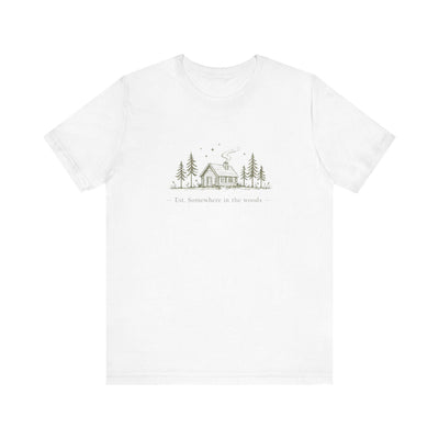 Cabin in Pines illustration Tee, Cozy Woodland Scenic Shirt, product photo, elevated everyday graphic tee by Evernorth Design
