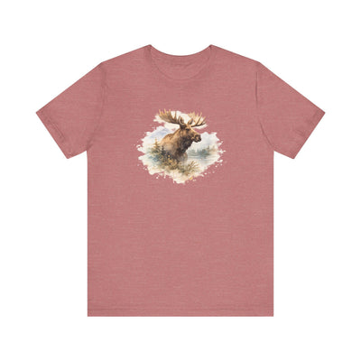 Watercolor Moose T-Shirt, Rustic Wildlife Tee, product photo, nature-inspired graphic tee by Evernorth Design