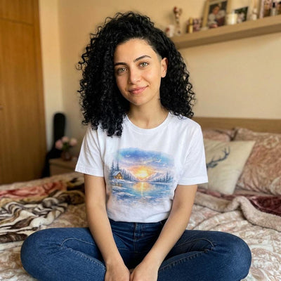 Midnight Sun Landscape Tee, Watercolor Mountain Cabin, product photo, Alaska-inspired and nature-inspired Alaska graphic tee by Evernorth Design