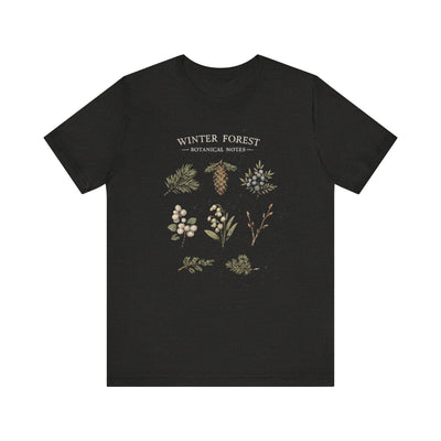 Winter Forest Botanical Tee, Pinecone & Rustic Foliage Shirt, product photo, botanical graphic tee by Evernorth Design