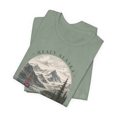 Soft nature t-shirt printed with an oval Alaska scene of snowy peaks, a still lake and fireweed by Evernorth — view 34