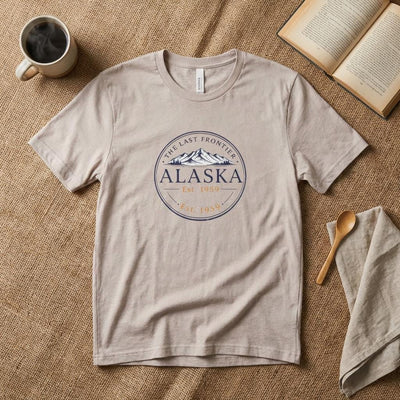 Alaska The Last Frontier, Classic Emblem Tee, product photo, Alaska-inspired and nature-inspired Alaska graphic tee by Evernorth Design