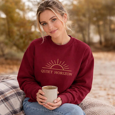 Quiet Horizon, Embroidered Crewneck, product photo, elevated everyday graphic tee by Evernorth Design