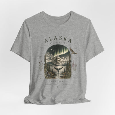 Graphic t-shirt with a vintage Alaska aurora scene of glowing peaks, a whale tail and soaring eagle by Evernorth — view 45