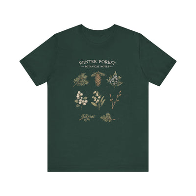 Winter Forest Botanical Tee, Pinecone & Rustic Foliage Shirt, product photo, botanical graphic tee by Evernorth Design