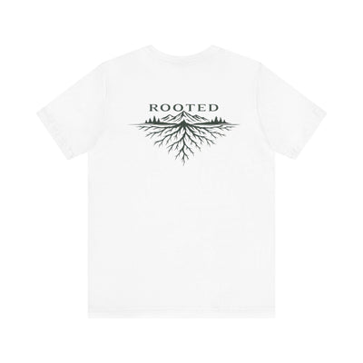 Rooted in Alaska T Shirt, Minimalist Mountain Tee, product photo, Alaska-inspired and nature-inspired Alaska graphic tee by Evernorth Design