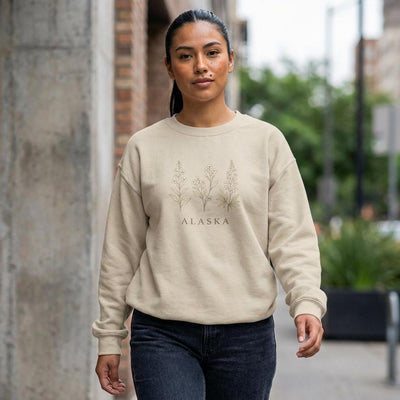Northern Bloom Crewneck, Alaska Wildflowers Sweatshirt, product photo, Alaska-inspired and nature-inspired Alaska graphic tee by Evernorth Design