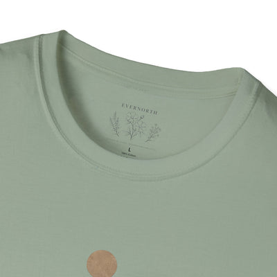 Minimalist Mountains T-Shirt, grounded. present. free. Nature Graphic Tee, product photo, nature-inspired graphic tee by Evernorth Design