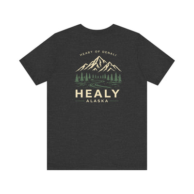 Soft jersey t-shirt with a detailed Healy Alaska mountain and spruce illustration in earthy tones by Evernorth — view 18
