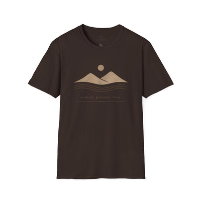 Minimalist Mountains T-Shirt, grounded. present. free. Nature Graphic Tee, product photo, nature-inspired graphic tee by Evernorth Design