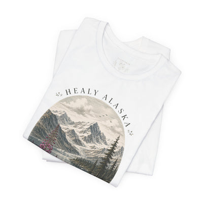 Soft nature t-shirt printed with an oval Alaska scene of snowy peaks, a still lake and fireweed by Evernorth — view 10