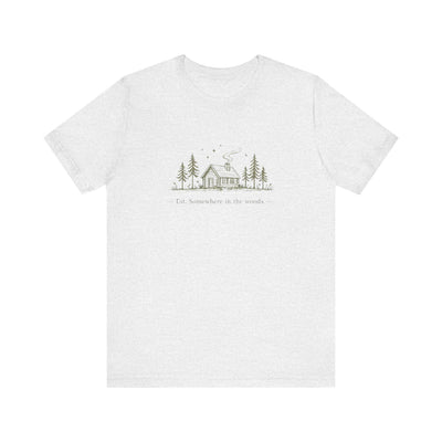 Cabin in Pines illustration Tee, Cozy Woodland Scenic Shirt, product photo, elevated everyday graphic tee by Evernorth Design