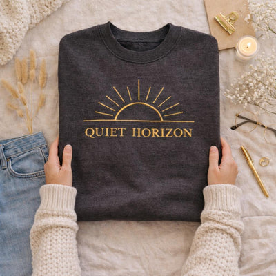 Quiet Horizon, Embroidered Crewneck, product photo, elevated everyday graphic tee by Evernorth Design