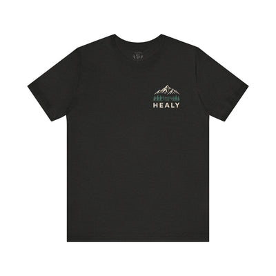 Soft jersey t-shirt with a detailed Healy Alaska mountain and spruce illustration in earthy tones by Evernorth — view 12