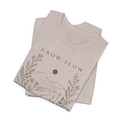 Grow Slow Root Deep tee, botanical mountain illustration, product photo, botanical graphic tee by Evernorth Design