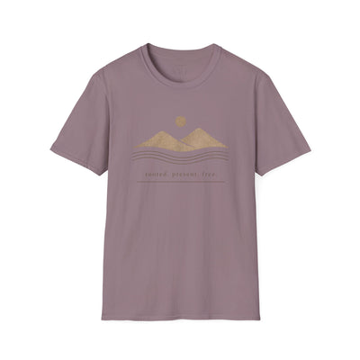 Minimalist Mountains T-Shirt, grounded. present. free. Nature Graphic Tee, product photo, nature-inspired graphic tee by Evernorth Design