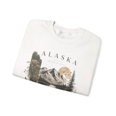 Soft crewneck sweatshirt with a muted Alaska mountain, lake, evergreen and moose illustration by Evernorth — view 10