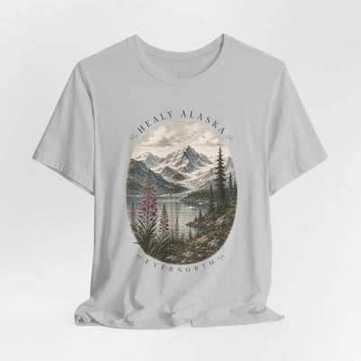 Soft nature t-shirt printed with an oval Alaska scene of snowy peaks, a still lake and fireweed by Evernorth — view 15