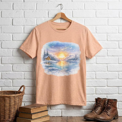Midnight Sun Landscape Tee, Watercolor Mountain Cabin, product photo, Alaska-inspired and nature-inspired Alaska graphic tee by Evernorth Design
