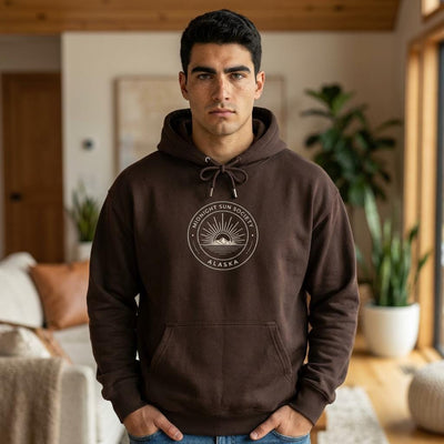 Alaska Midnight Sun Society Sweatshirt, Retro Mountain Emblem Shirt, product photo by Evernorth Design