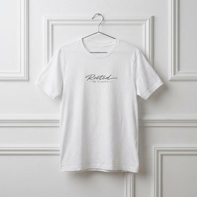 Rooted in Alaska T Shirt, Minimalist Mountain Tee, product photo, Alaska-inspired and nature-inspired Alaska graphic tee by Evernorth Design