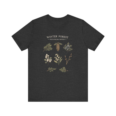 Winter Forest Botanical Tee, Pinecone & Rustic Foliage Shirt, product photo, botanical graphic tee by Evernorth Design