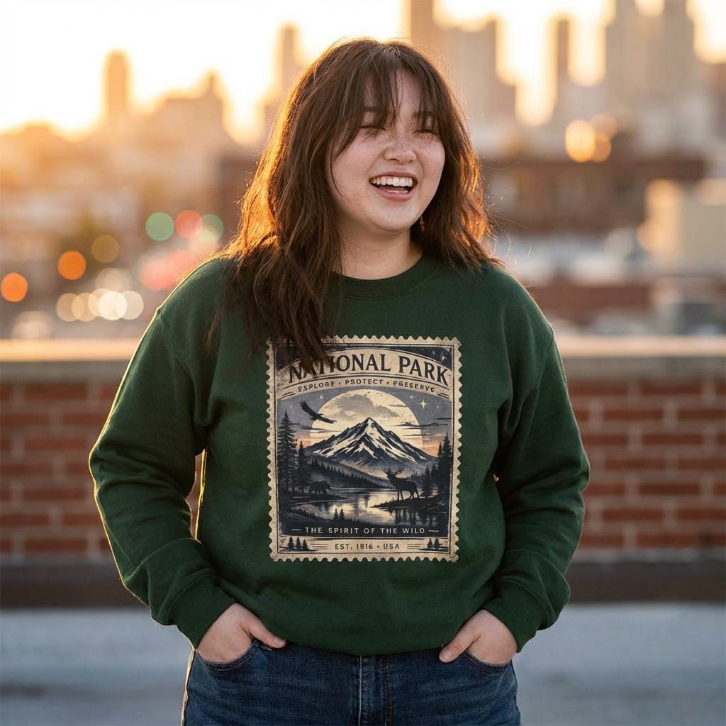 National Park Stamp Crewneck Sweatshirt, Vintage Mountain Sweatshirt, main product photo, nature-inspired graphic tee by Evernorth Design
