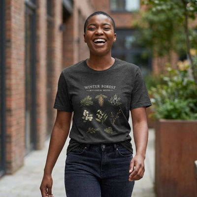 Winter Forest Botanical Tee, Pinecone & Rustic Foliage Shirt, product photo, botanical graphic tee by Evernorth Design