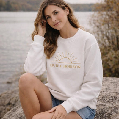 Quiet Horizon, Embroidered Crewneck, product photo, elevated everyday graphic tee by Evernorth Design