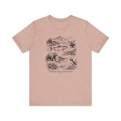 Wilderness Wildlife Illustration Tee, Bear, Salmon, Moose, Mountain Shirt, product photo by Evernorth Design